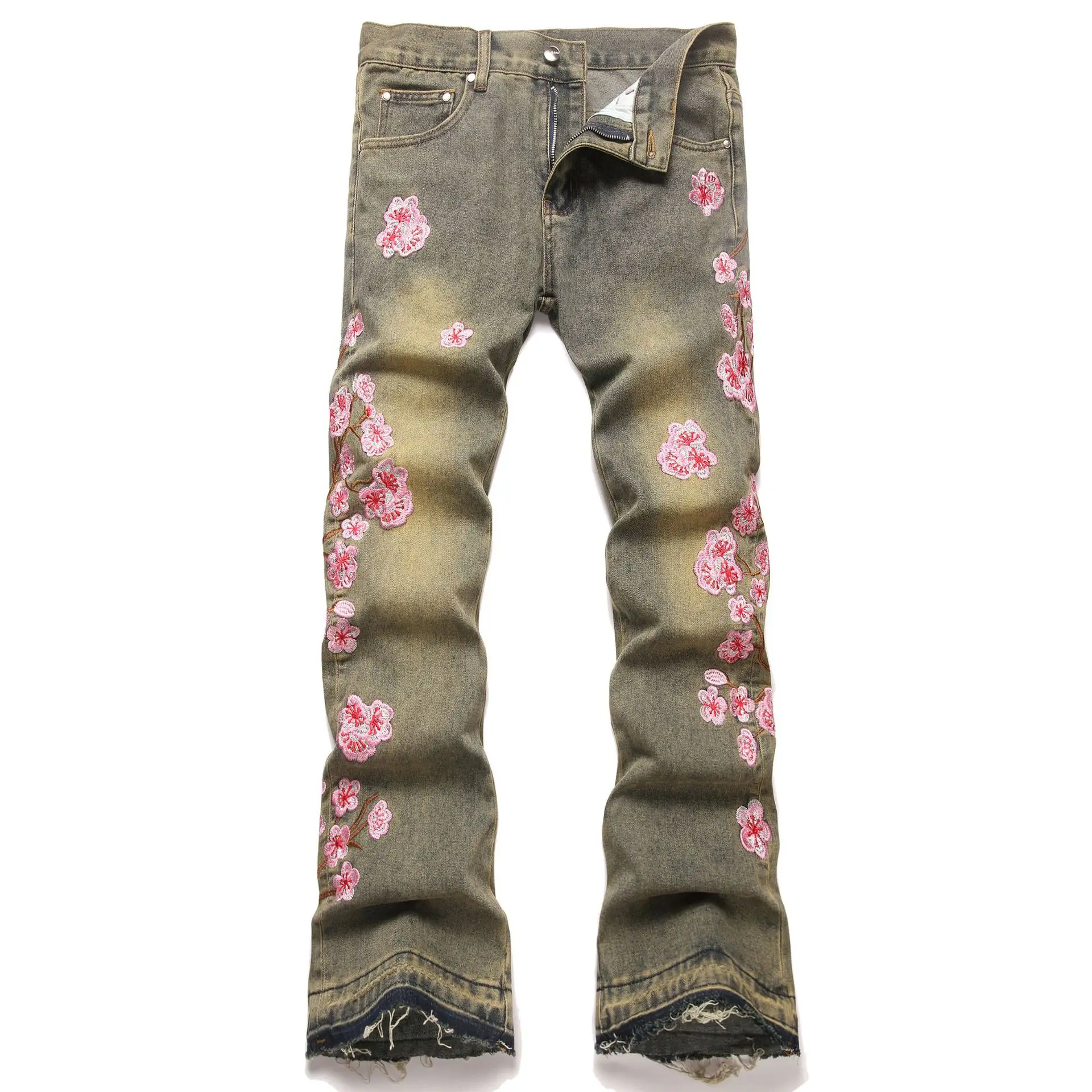 Jeans Men Flare Pants Embroidery Mid Waist Vintage Distressed Denims Boot Cut Male Washed Trousers Streetwear Spring 2026