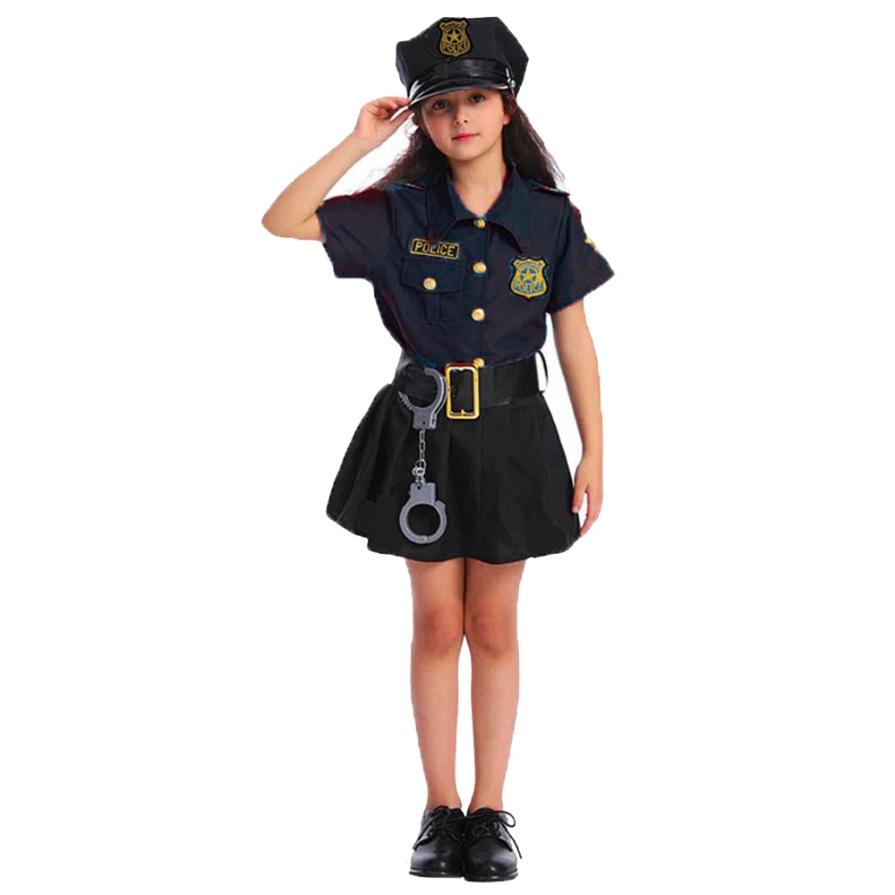 Halloween Purim Children Cosplay Black Blue Cop Officer Outfit Policeman Costume Suit For Boys Girls Fancy Kids Police Uniform