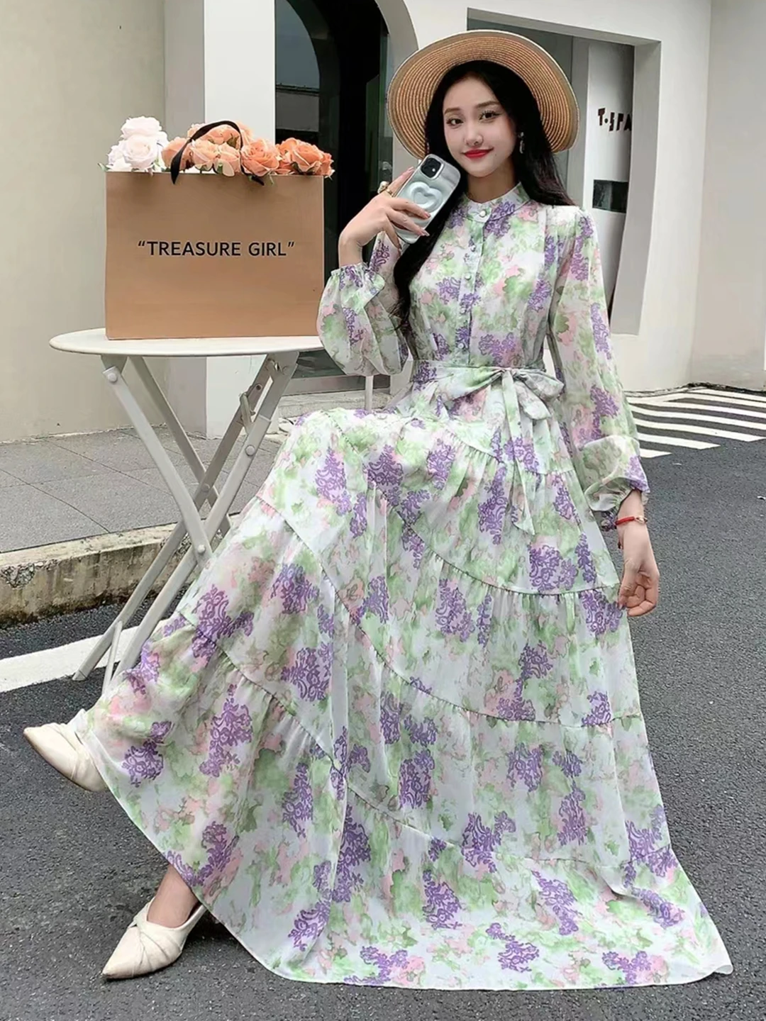 2024 New Spring Autumn Women Long Sleeve Bandage Slim Long Dress High Quality Fashion Floral Print Big Hem Chiffon Dress