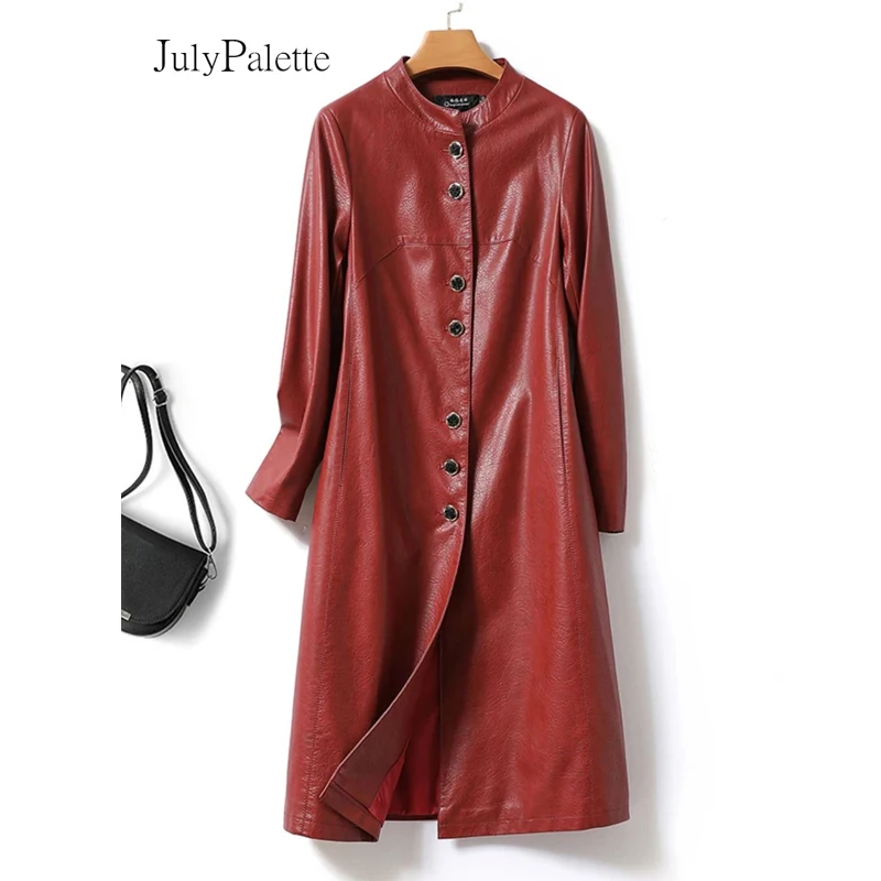 Julypalette Sheepskin Leather Coats Women O-neck Long Trench Coat 2024 Fall Single-breasted Ladies Split Sheepskin Outerwear