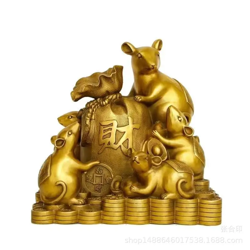 PYH pure copper five mice gold bag ornament, five mice lucky wealth twelve zodiac money mouse home cashier