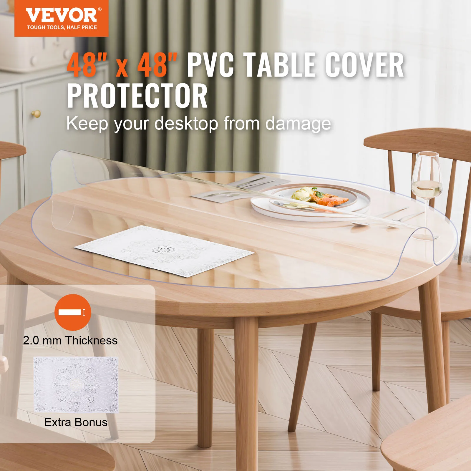 VEVOR Plastic Table Cover 48 x 48 Inch Clear Table Protector, Round PVC Desk Mat Waterproof & Easy Cleaning Desk Pad Tablecloth