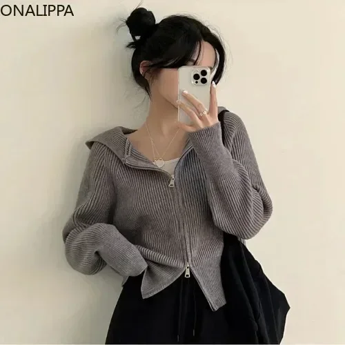 Onalippa Hooded Solid Pit Striped Knitted Cardigan Double Zippers Long Sleeves Cardigans Korean Fashion All Match Loose Sweater