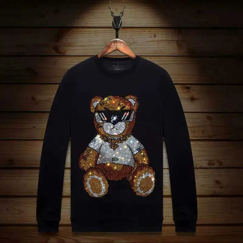 2024 Bear Rhinestones Mens Autumn Hoodies Sweatshirts Fashion Streetwear Full Pullover O Neck Hoodie Men Clothing Ropa De Hombre