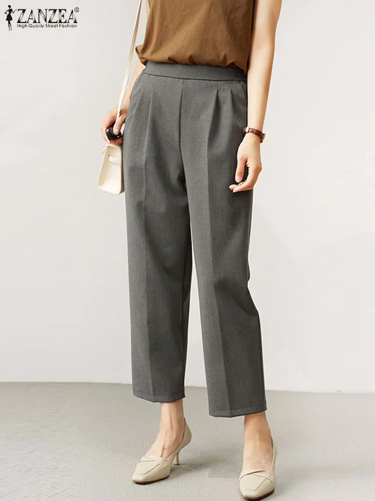 

ZANZEA Women Formal Capris Holiday Elastic Waist Pant Solid Office Lady Cropped Pants Korean Fashion Pleated 2023 Summer Trouser