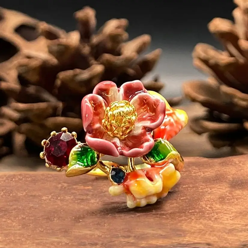 

Изысканное кольцо с цирконом круглой огранки и цветком капельного масла для женщин, винтажное золотое регулируемое кольцо с цветочным принтом, уникальный подарок на день матери, ювелирные изделия