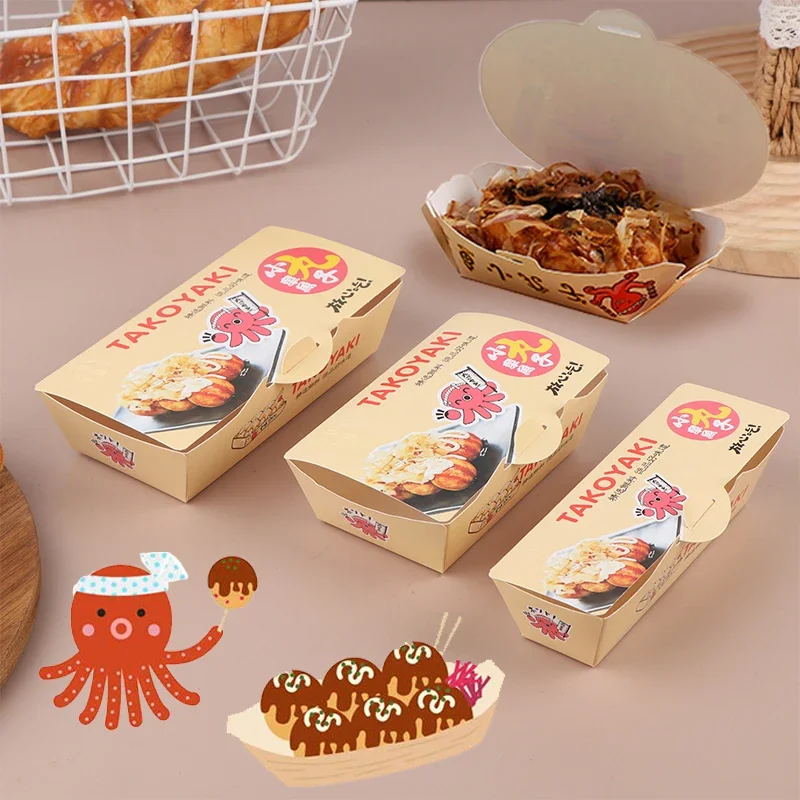 50pcs Octopus Ball Packaging Box Japanese Street Food Takoyaki Disposable Takeaway Snack Packing Paper Container Party Supplies