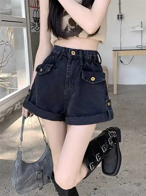 

Свободные широкие джинсы с высокой талией, женские тонкие дизайнерские джинсовые шорты, летние хлопковые эластичные ткани, застежка-молния