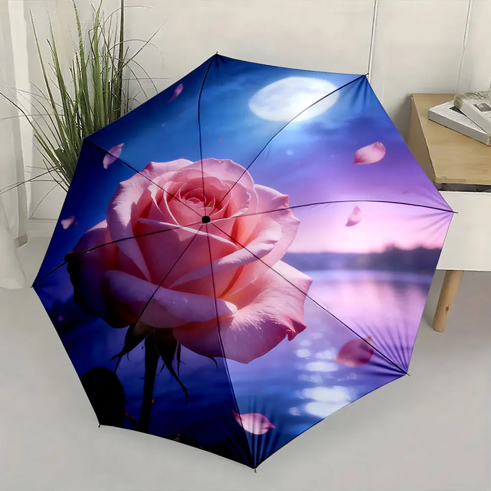 1PC Romantic Rose and Moonlit Night on Umbrella Print 8 Iron Ribs Folding Umbrella Auto-Open Fashion Sunshade
