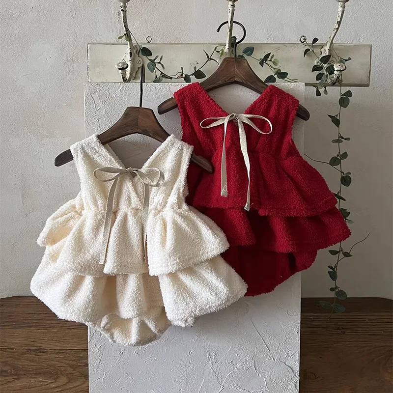 2025 Winter New Baby Girl Sleeveless Fleece Bodysuit Newborn Infant Warm Jumpsuit Toddler Girl Christmas Party Clothes 0-24M