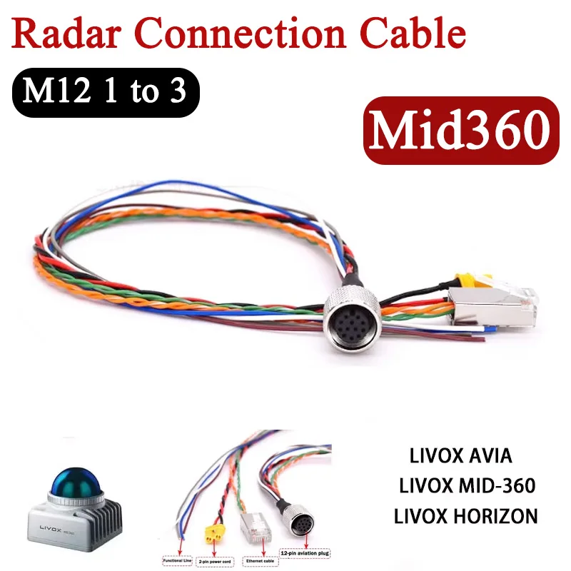 Mid360 Radar Cable For Avai Livox/Horizon Livox M12 Aviation Plug One-to-Three Connection Data Cable TX30 Power Function Wire