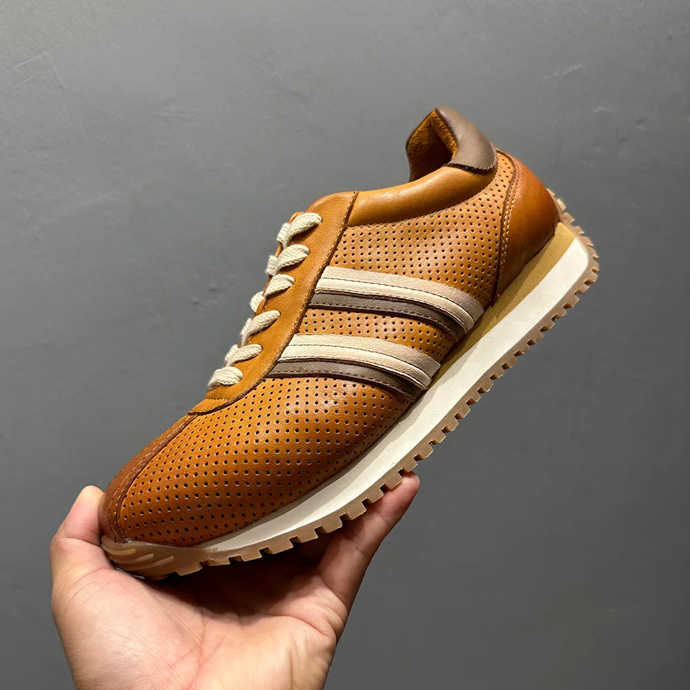 

QHCCID Horsehide Color-Blocking Punched Mesh Breathable Soft Sole Comfortable Sports Casual Shoes for Men Jogging Sport Shoes