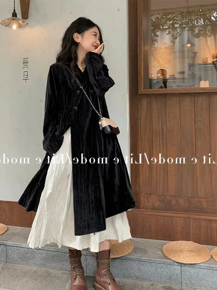 Autumn Winter Women Vintage Formal Outfits 2 Piece Set Lapel Collar Soft Warm Outerwear+ Hight Waist A-Line Skirts Streetwear