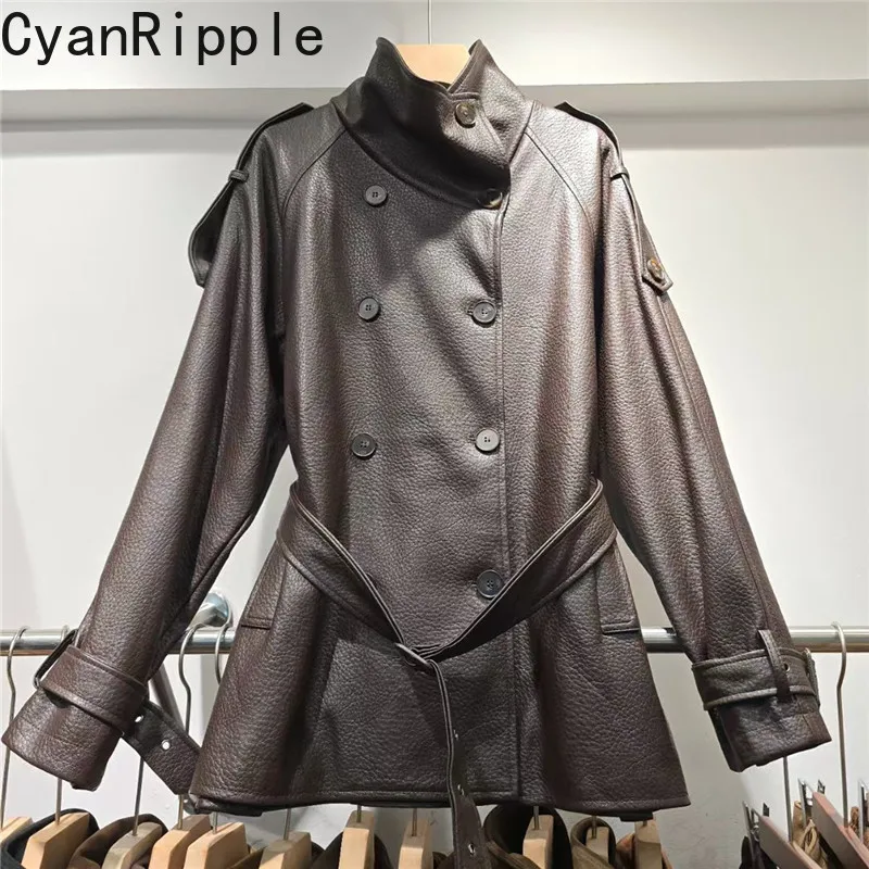 2026 New Autumn Winter Stand Collar Long Sleeve PU Leather Coat Elegant Double-breasted Women Windbreaker Faux Leather Jackets