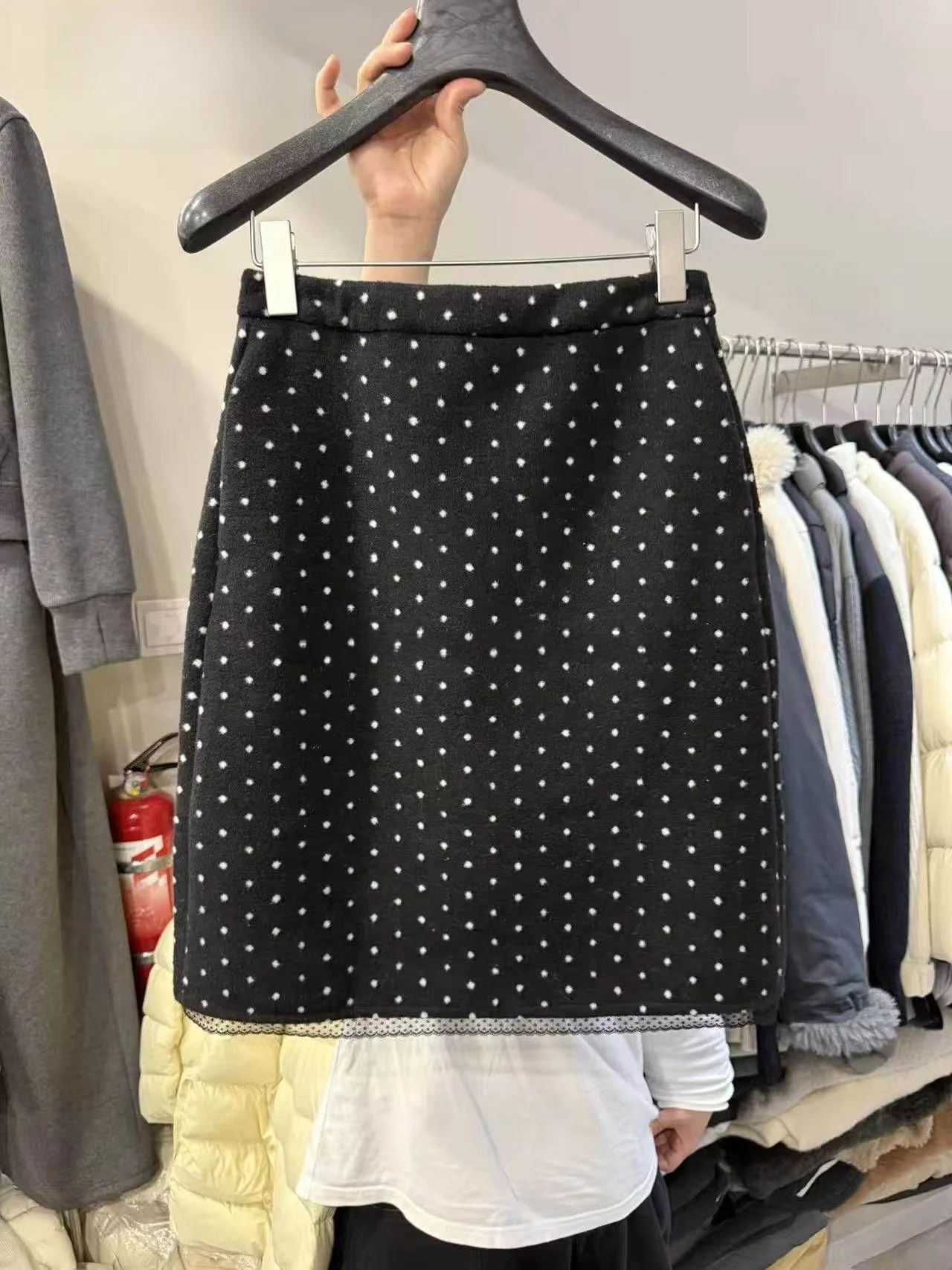 

Retro Korean High Waist Felted f Skirt Women's Winter New Sle Versatile Lace Polka Dot Brued Midi Skirt