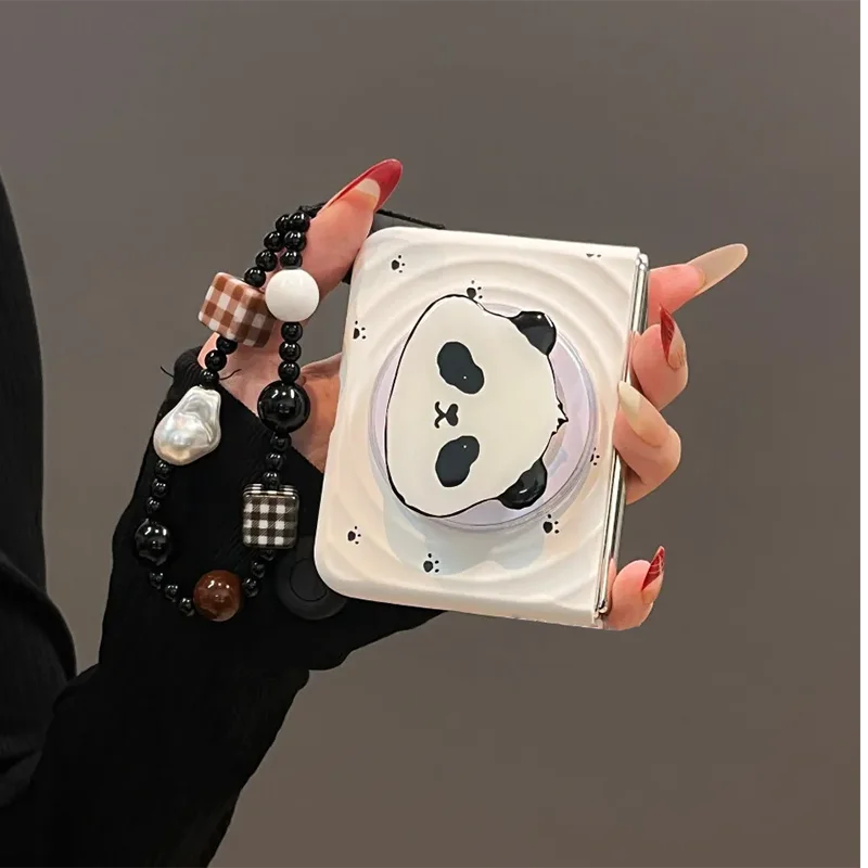 For Samsung z flip 7 6 5 4 Case Magnetic Stand Cover Cute 3D Panda Ears Phone Cases for Xiaomi Mix Flip Funda Panda Footprints