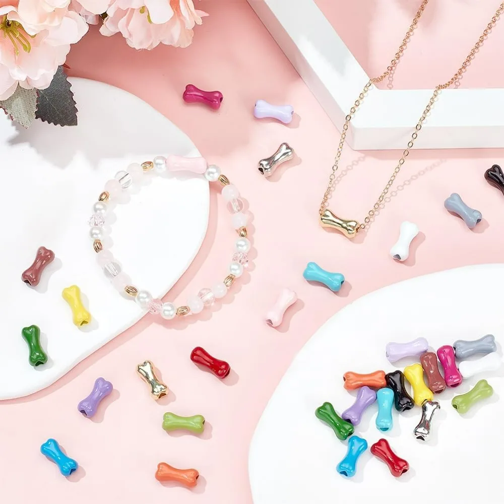 1박스 34개입 17색 뼈 모양 비즈 대량 뼈 모양 비즈 금속 합금 다채로운 애완동물 대형 구멍 강아지 뼈 모양 비즈