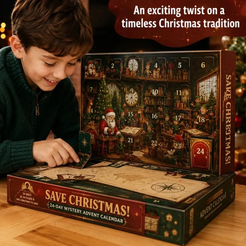 24 Day Mystery Adventure Advent, Calendar Interactive Puzzle Game Box, Christmas Countdown Gift For Kids, Adults Save Christmas