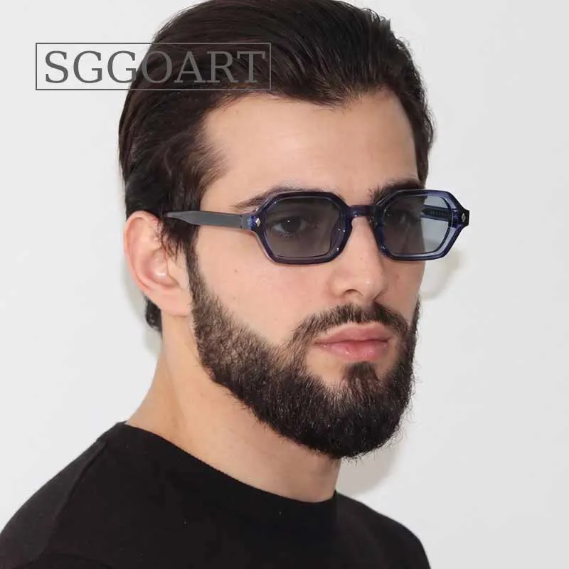 Retro Octagonal Rectangle Men Women Acetate Texture Sunglasses Small Navy Blue Driving Shades UV400 Trendy Men Punk Sun Glasses