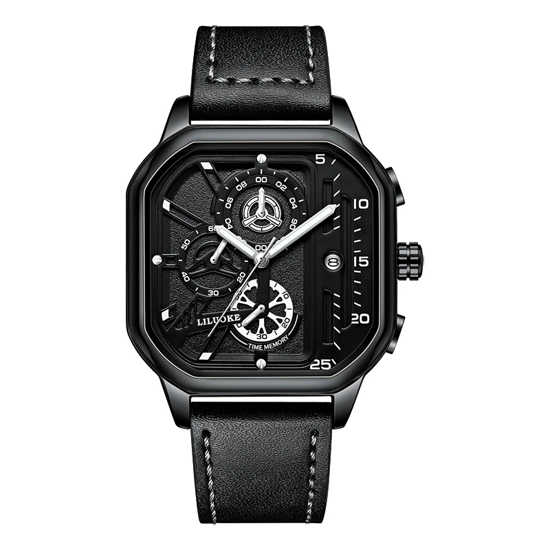 

All Black 3ATM Waterproof Steel Back Leather Band Skeleton Dial Men Square Quartz Watch