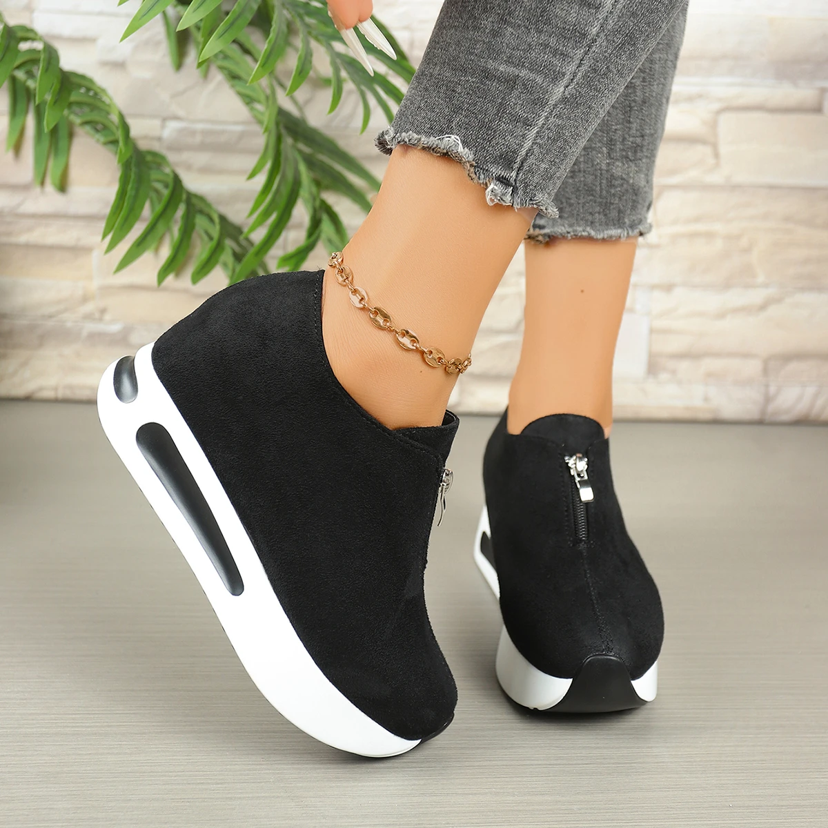 Damen-Sneaker mit Frontreißverschluss und verstecktem Keilabsatz, Wildleder-Plattform, höhenvergrößernde Freizeitschuhe, Damen-Slipper mit dicker Sohle zum Gehen. – Detail 7