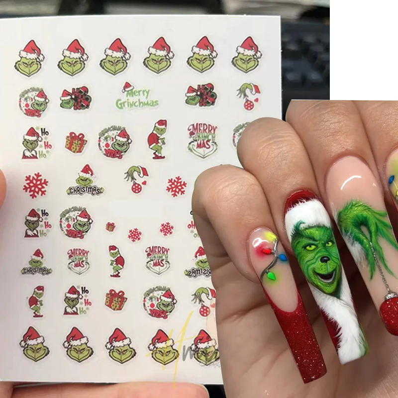 1PCS 3D Green Christmas Cartoon Adhesive Nail Art Sticker Cartoon Character Nail Decal For Nails Art Decoration Manicure