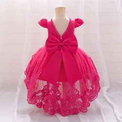 Robe de princesse en tulle avec nœud papillon pour filles, robes de soirée pour enfants, costume de baptême rose, broderie de perles, 1er anniversaire, tout-petit