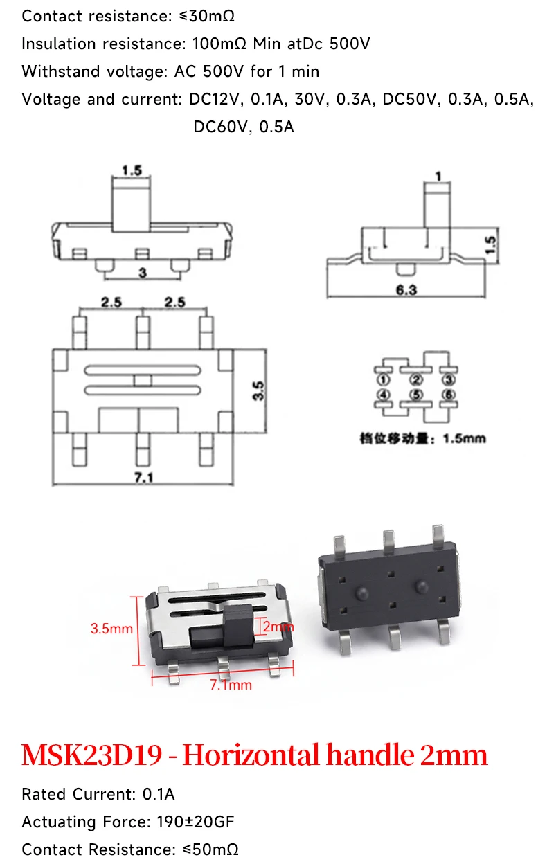 5 Stück Mini-SPDT-Schiebe-Kippschaltergriff 3/5mm MSS-22D018 SS-12D00 SK-22D07 MSK-12C02 SS-12F44 MSK23D19 - Elektronisches Bauteil – Detail 17