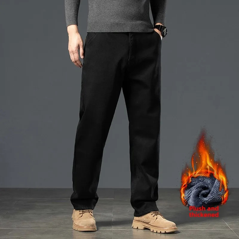 2024 Heren Winter Warm 3 Kleur Straight Thcik Fleece Jeans Mode Casual Baggy Klassieke Stijl Effen Denim Broek Mannelijke Kleding