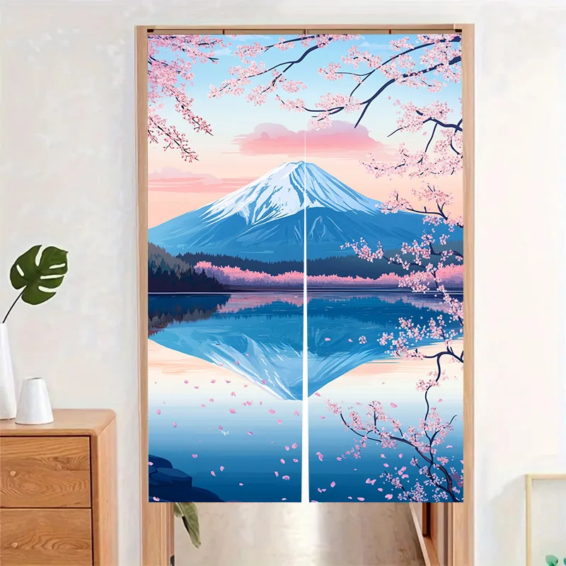 Japanese Noren Curtain Mount Fuji Lake Cherry Blossom Sunset Reflection Door Decor