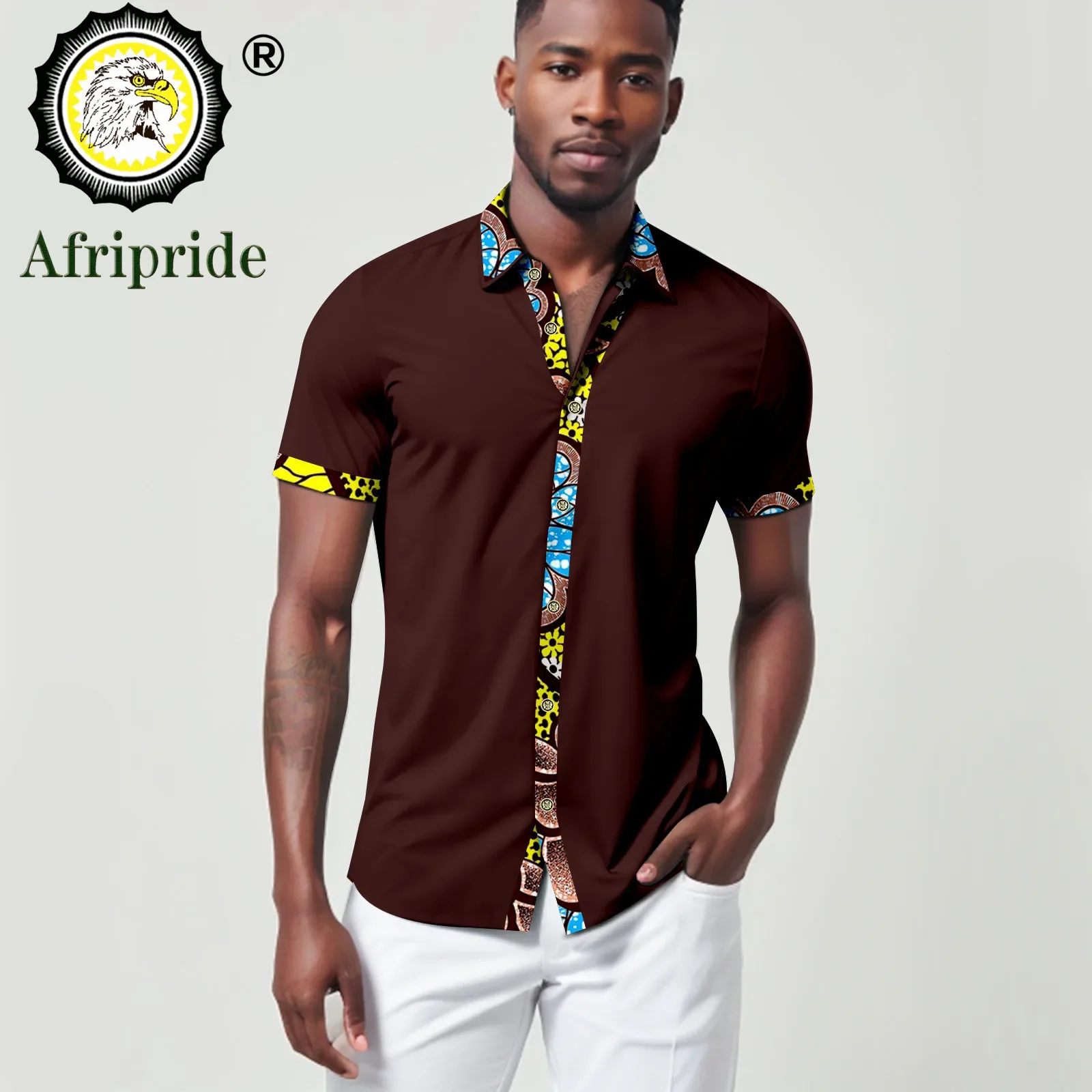 Bazin Riche African Shirts for Men Short Sleeve Blouse Dashiki Tops Ankara Attire Plus Size Casual Traditional Clothes A2312003