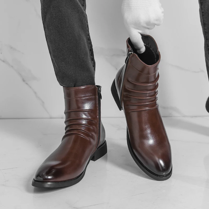 

Мужские повседневные короткие высокие туфли в британском стиле, модные мужские классические деловые ботинки челси из мягкой кожи, модные ботильоны с острым носком