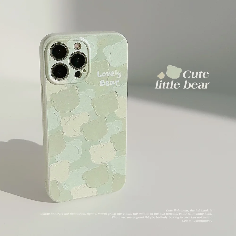 Funda de silicona con dibujo de oso verde para iPhone, carcasa bonita con dibujo al óleo para modelos 12, 13 y 11Pro, 15pro Max 14Plus