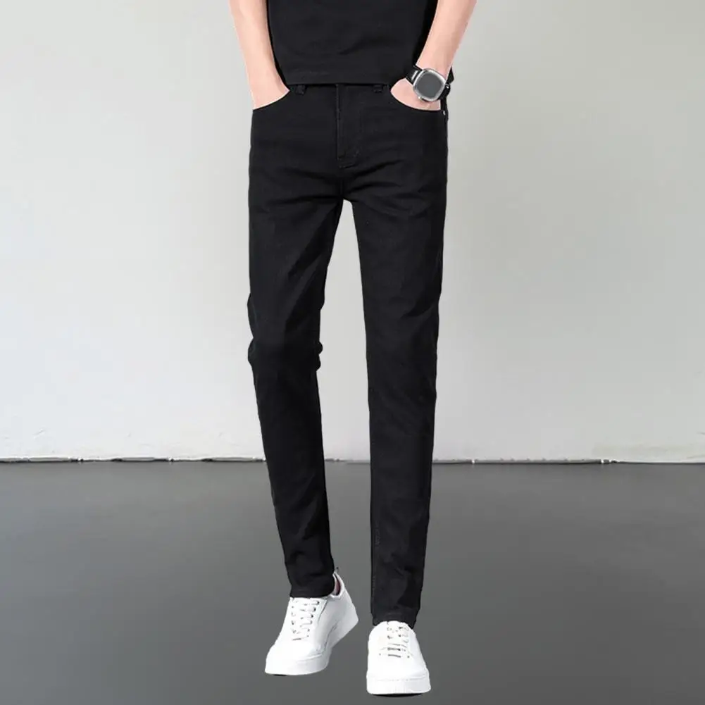 

Men Casual Trousers Solid Color Pants Elastic Slim Fit Men's Pants with Breathable Pockets Business Style Mid Waist for Casual