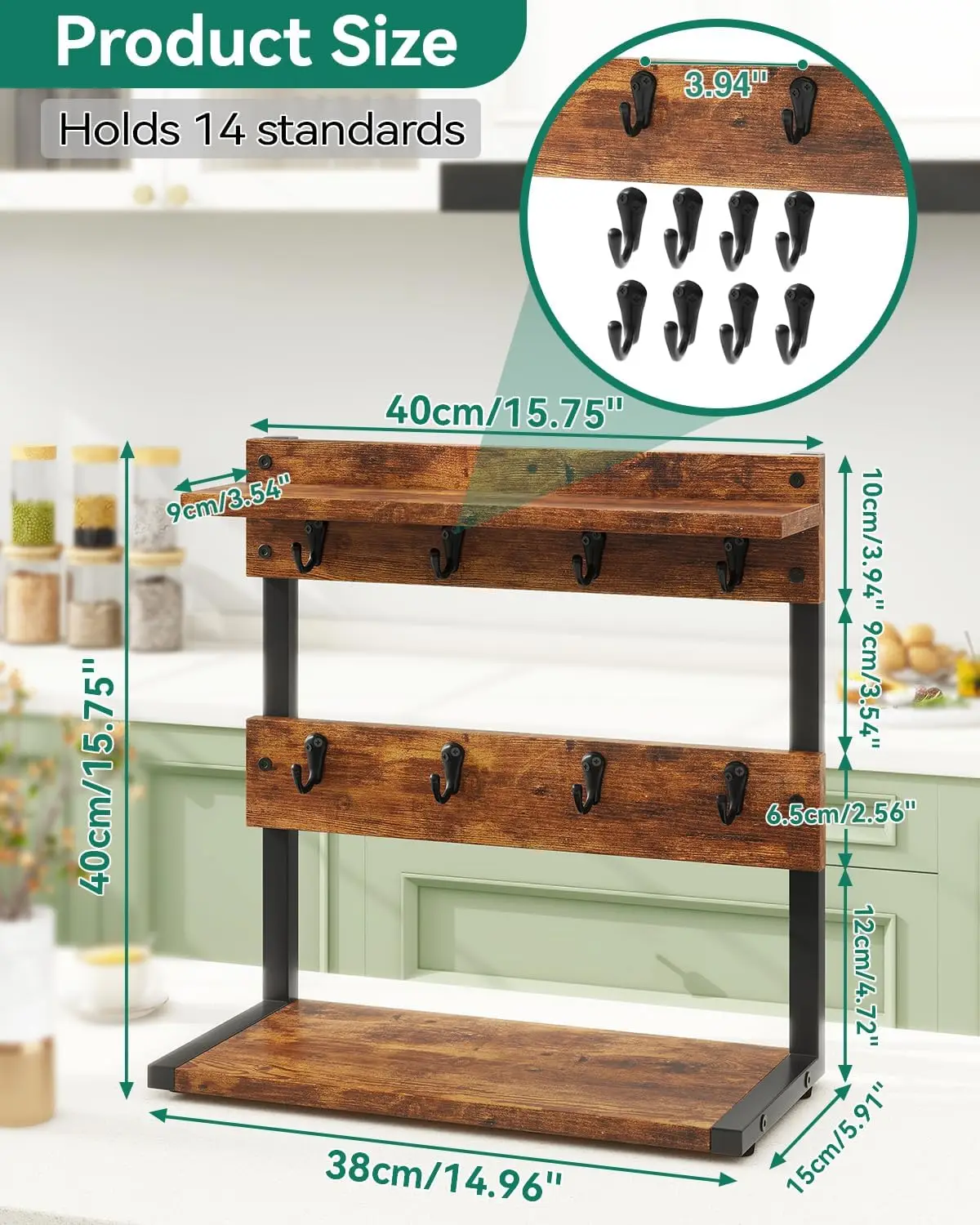 Rustic Coffee Mug Holder Stand, 2 Tier Countertop Mug Tree Holder RackVintage Mug Holders for Kitchen, Holds 8 Mugs