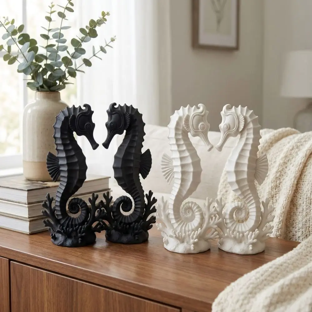 2PCS 3D Printed Coral Base Seahorse Statue Minimalist Ocean Style Seahorse Aquarium Ornament Plastic Double Seahorse