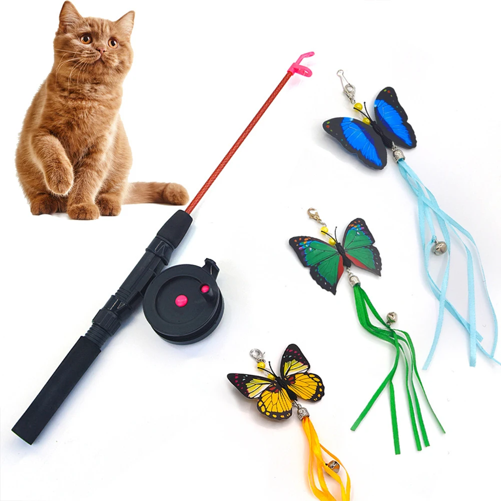 Cat Feather Toys Retractable Fishing Pole Interactive Feather Teaser Wand Chase Toys For Kittens Small Pets