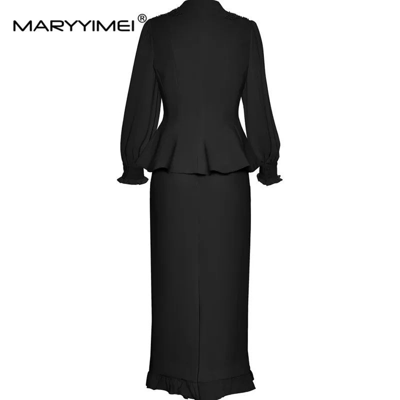 MARYYIMEI Women\'s Elegant Commuter Black Dress Autumn and Winter V-Neck Beading Single-Breasted Tops+Slim Skirt 2 piece set