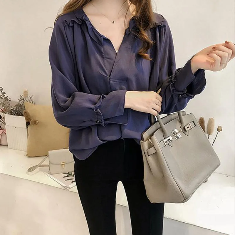 Fashion V-Neck Solid Color All-match Blouse for Female Spring Autumn Streetwear Korean Ruffles Spliced Loose Shirt Long Sleeve