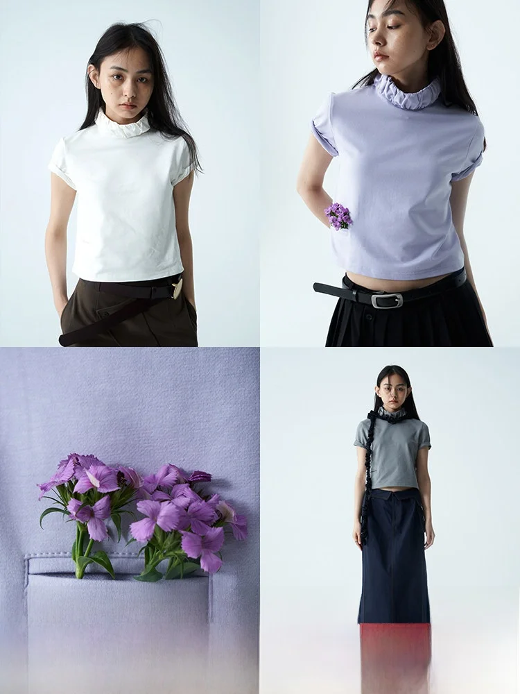 

DOSORDONTS Трехцветная футболка с плиссировкой, круглым вырезом, коротким рукавом, на молнии, женская, летняя, из смесового хлопка, свободного кроя, в офисном стиле