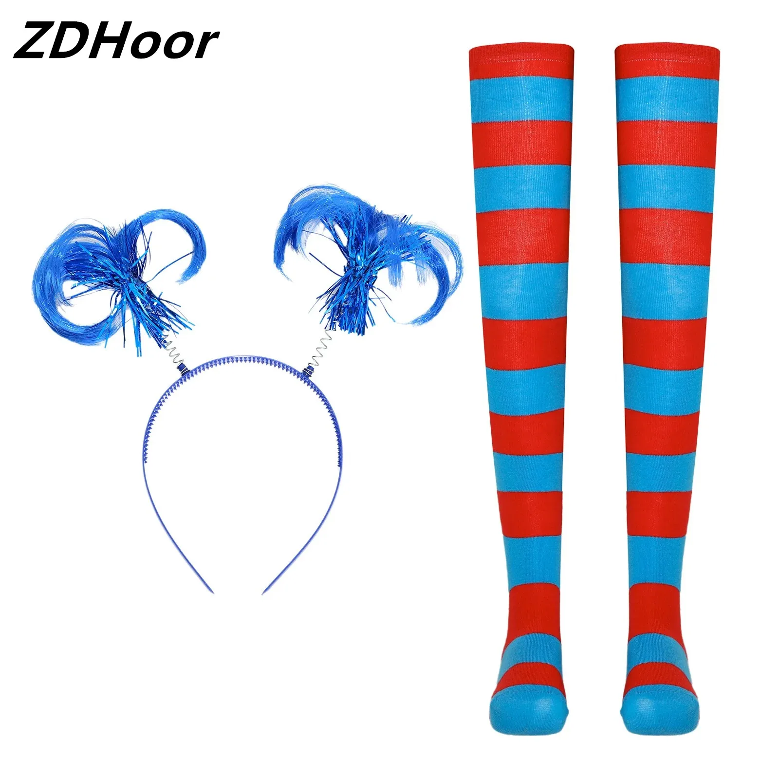 Womens Clown Party Supplies Halloween Costume Accessories Ponytail Wig Headwear And 2 Pair Striped Thigh High Stockings