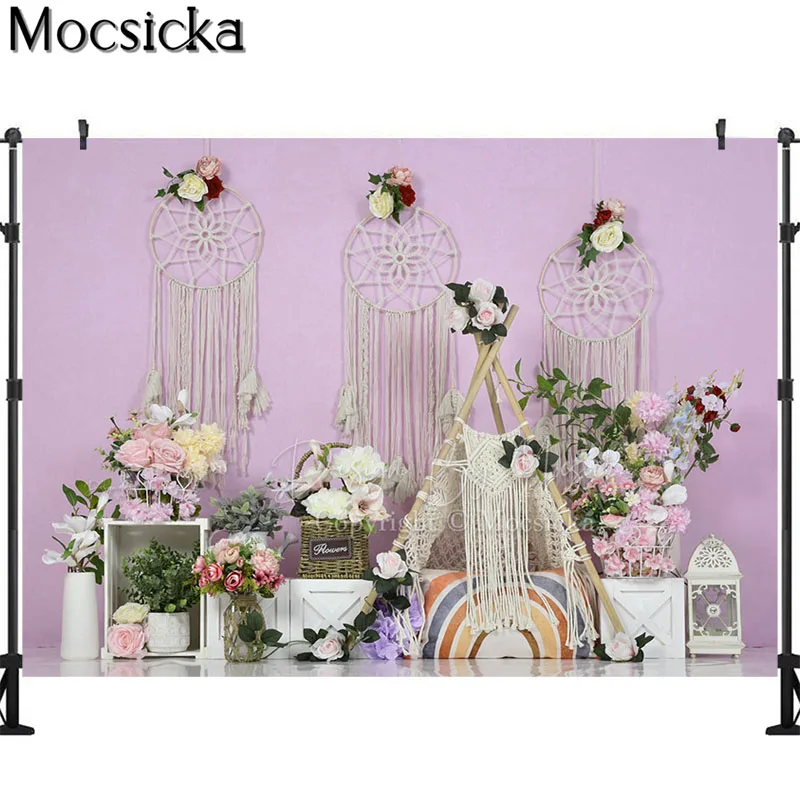 Photography Backdrops Pink Boho Wonder Wall Backdrop Cake Smash Birthday Photo Backgrounds for Photo Shoots Flowers Tent Props