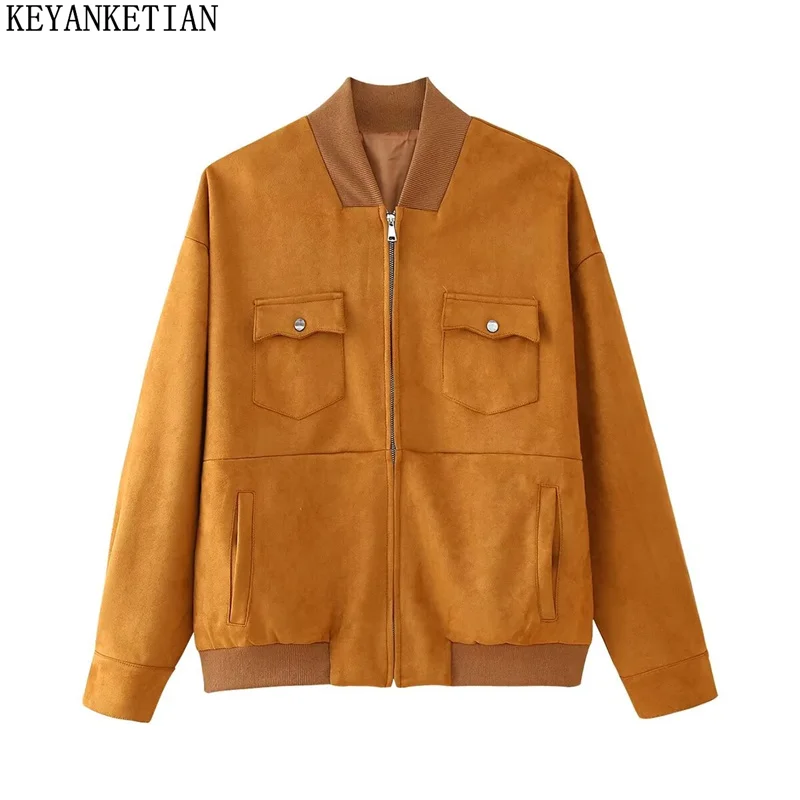 KEYANKETIAN 2024 Autumn New Women's Suede jacket Street style Pockets Stand collar Oversize Zipper Short Coat Crop Top Outerwear