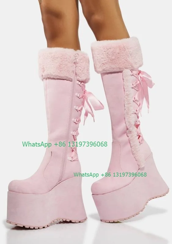 Lady Pink Fur Wedge Mary Jane Boots Summer Winter Fall Dress Boots Platform Lace-up Stain Boots Wedge Boots Footwear Size 46