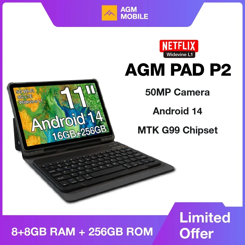 

AGM Pad P2 Tablet 11" Fhd Display 480Nit Brightness, 8Gb+256Gb Mtk G99, 50Mp Camera, 7850Mah Battery, Widevine L1