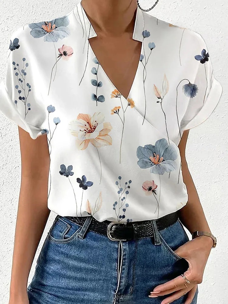 

Elegant Women's Flower Print Blouse Tops 2023 Summer Loose V-neck White Short Sleeve Fashion Shirt Streetwear Female Clothing