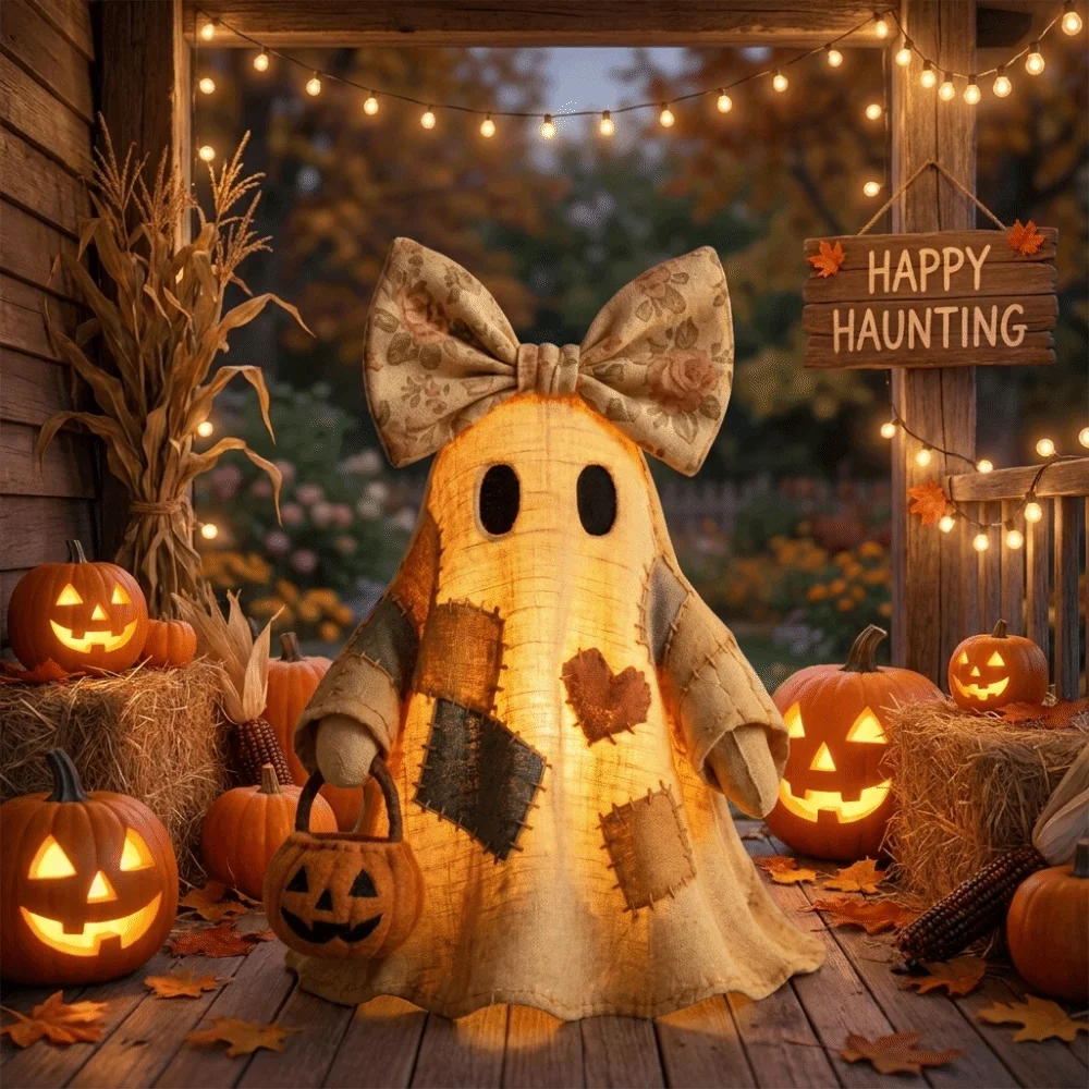 Vintage Style Patchwork Ghost Soft Pieced Fabric Neat Stitching Fabric Ghost Centerpiece Lightweight Structure Matching Pumpkin
