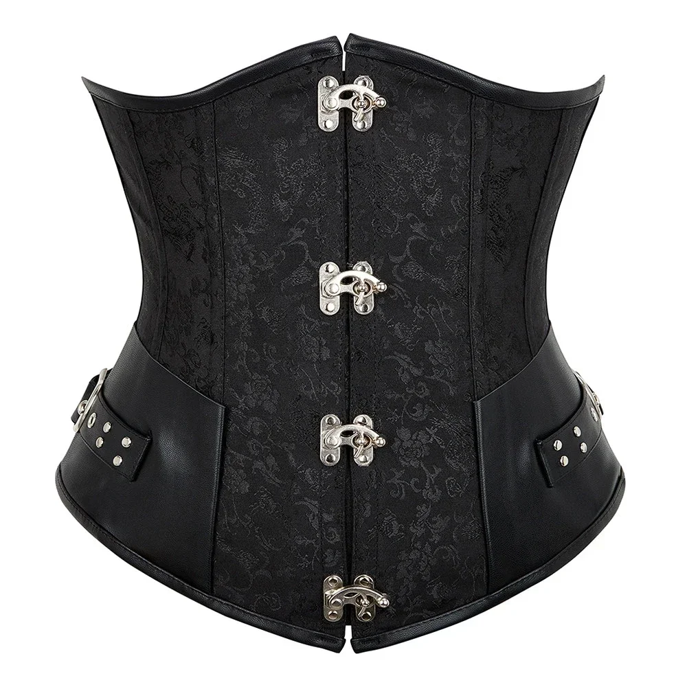 Black Steampunk Underbust Corset Faux Leather Brown Pirate Corset Belt Lace Up Back Jacquard Corset Punk Vintage Top for Women