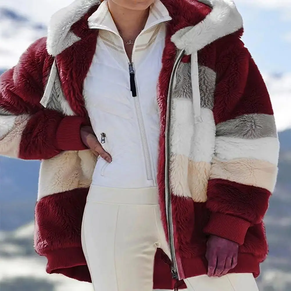 Stylish Lady Jacket Color Block Fluffy Winter Coat with Hat Plush Lady Autumn Jacket