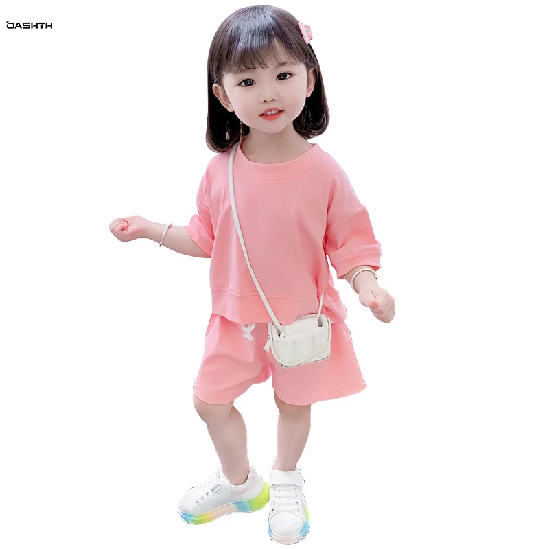 

OASHTH Girls' baby summer clothes children's sports short-sleeved suit cotton two-piece set